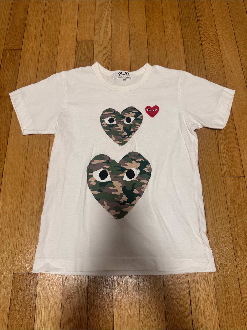 Comme des Garcons PLAY White Tee with Camouflage Heart Graphics
